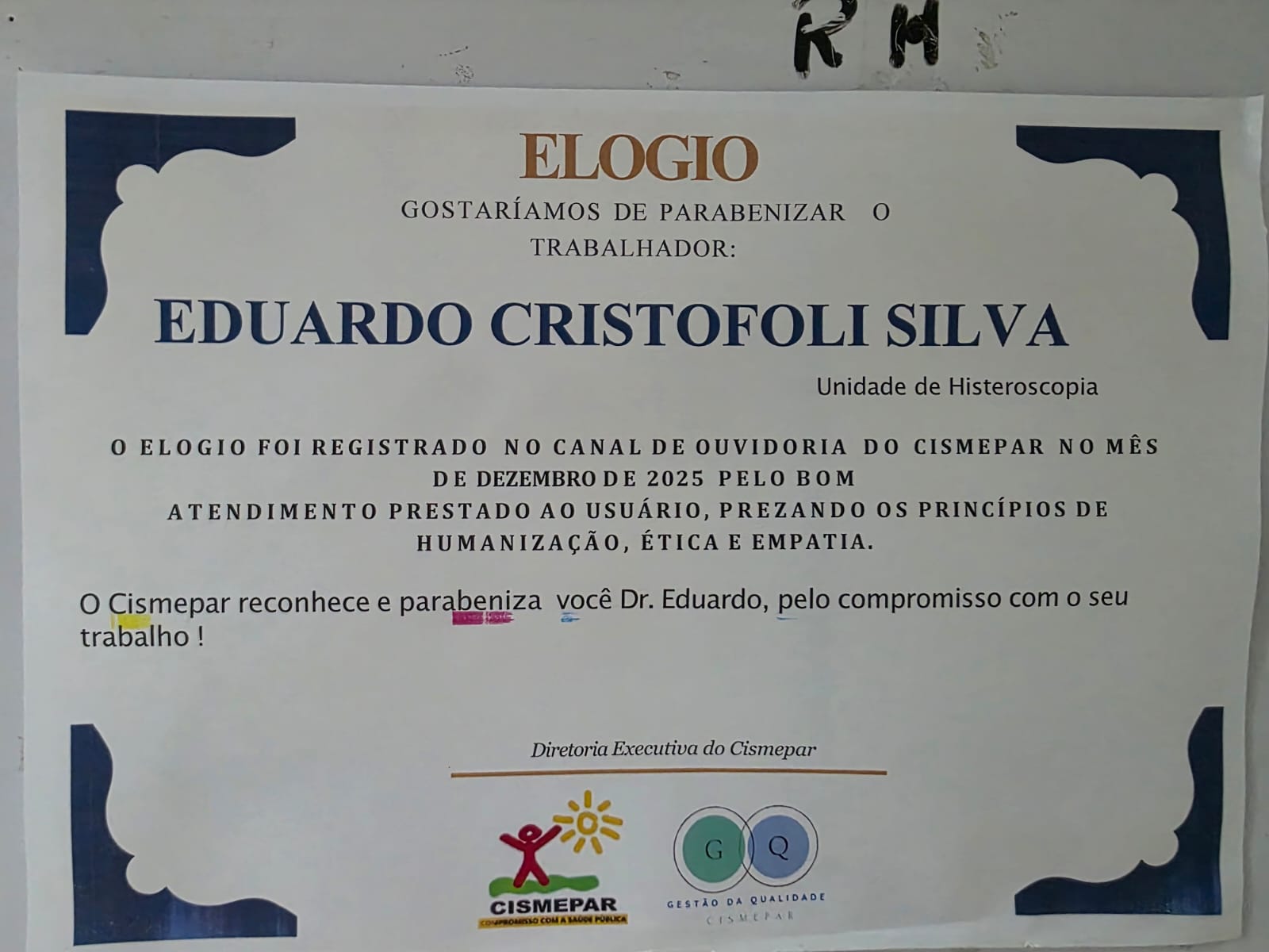 Elogio Ouvidoria CISMEPAR - Dr Eduardo Cristofoli