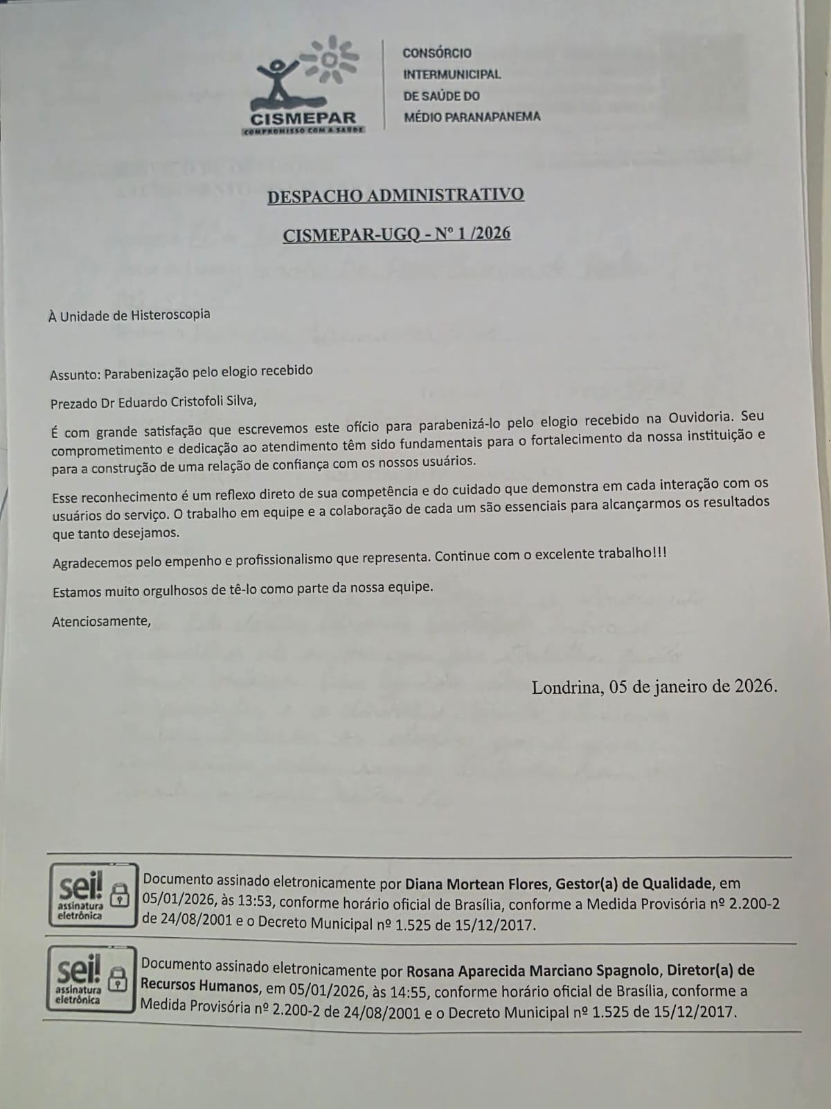 Ofício Administrativo CISMEPAR - Unidade de Histeroscopia